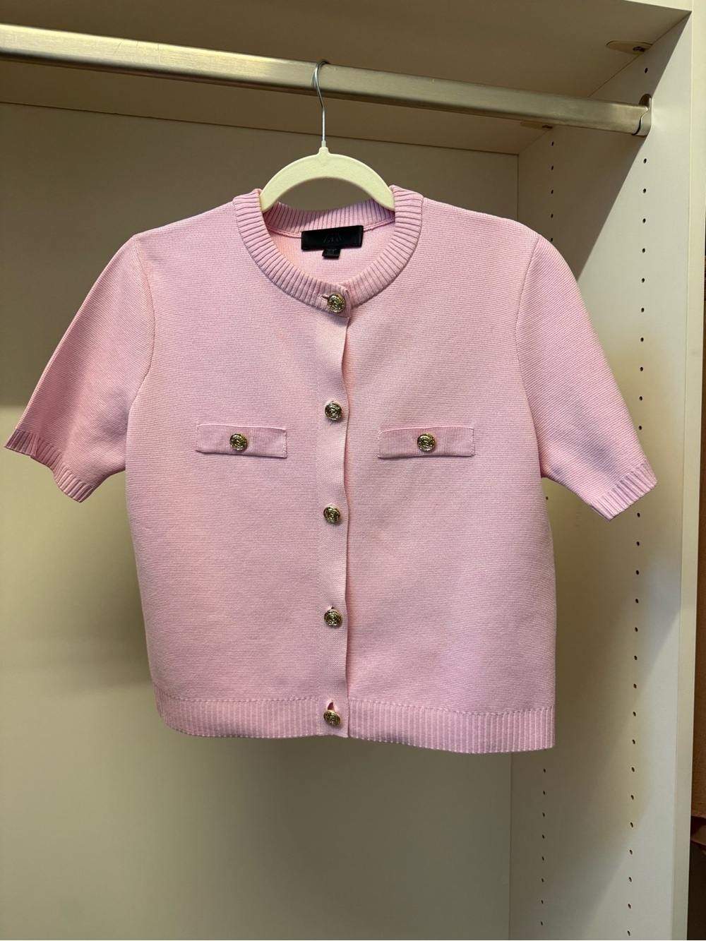 Zara Pink Short-Sleeve Button Cardigan with Gold Buttons